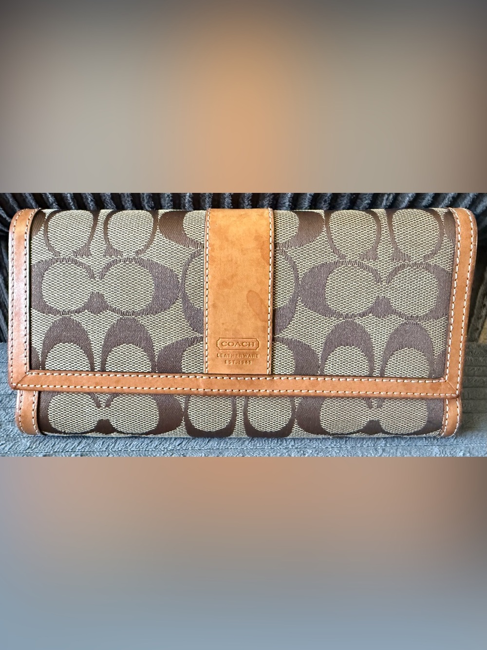 Coach Brown Signature Canvas Tri-Fold Wallet with Tan Leather Trim